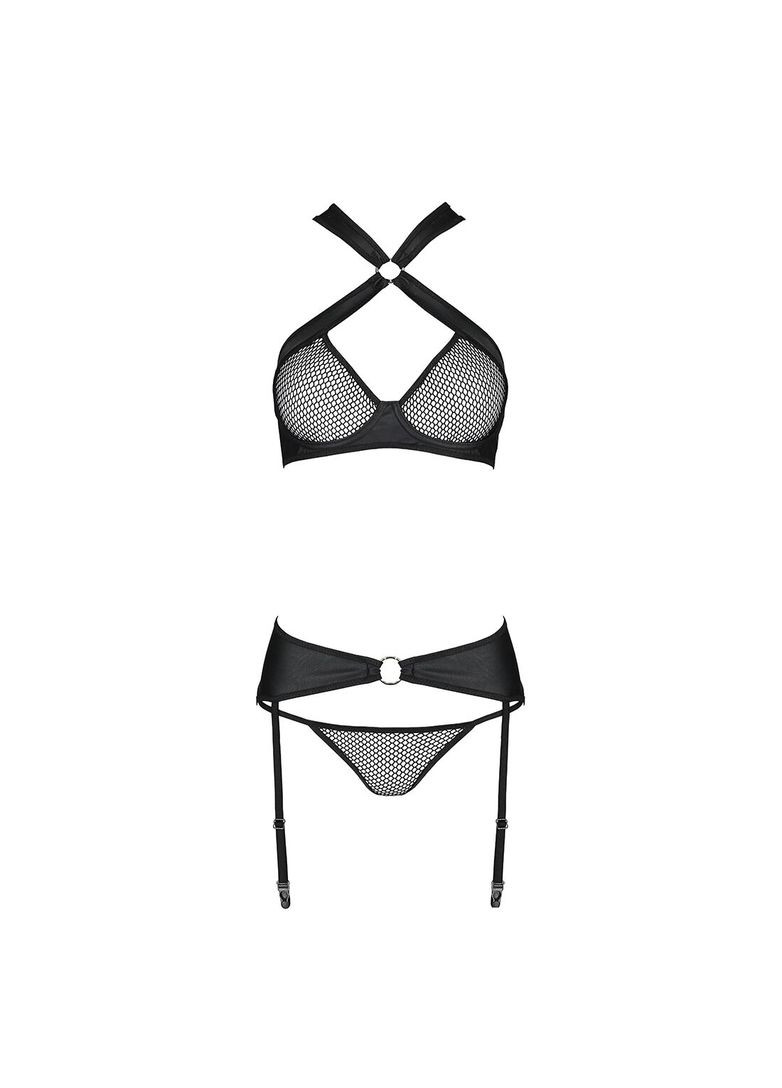 Черный демисезонный набор сетчатый, бюстгальтер с халтером, трусики и пояс для чулок amanda set l/xl, black Passion