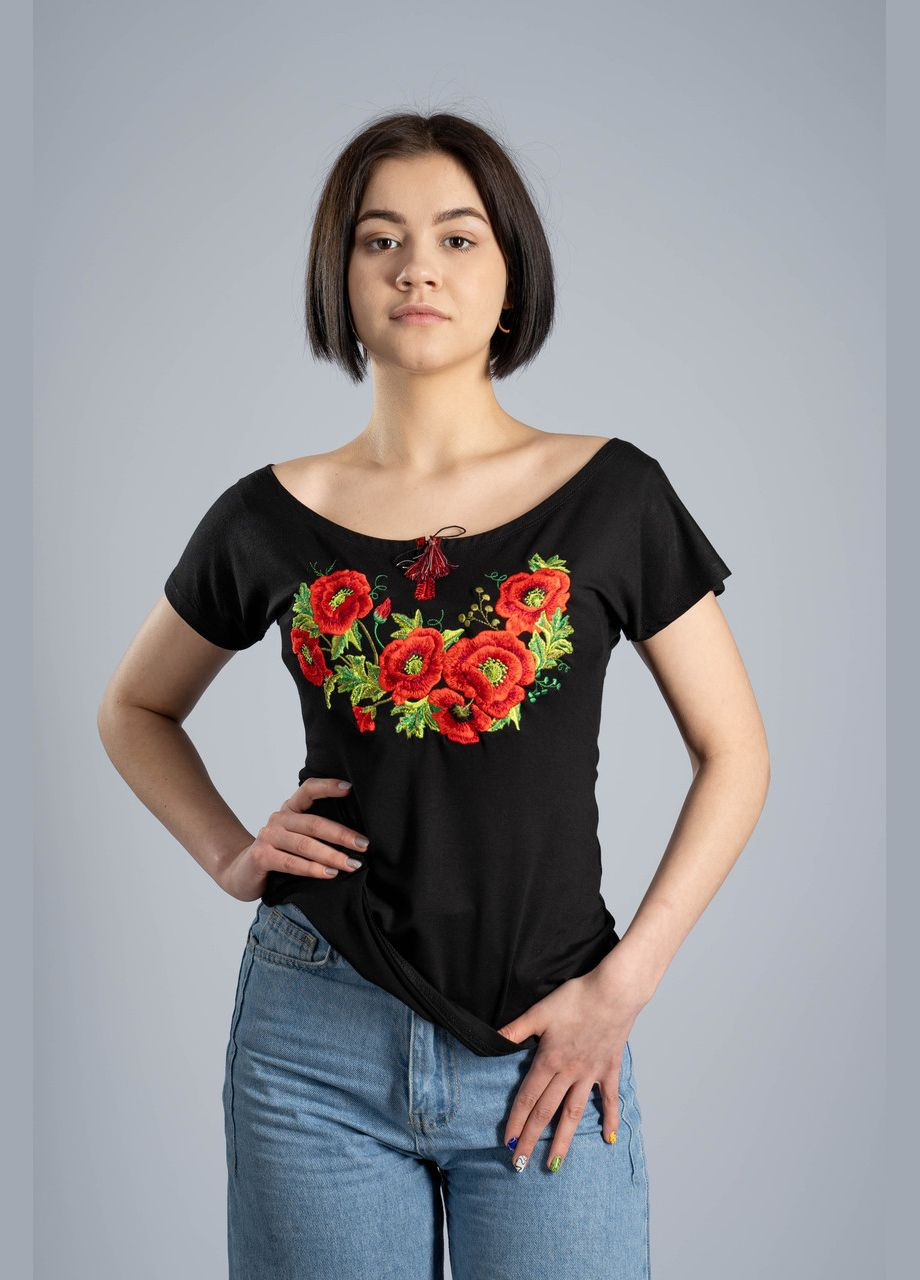 Стильная женская вышитая футболка в черном цвете с круглым вырезом "Маки" 3XL Melanika g-101 (285763834)