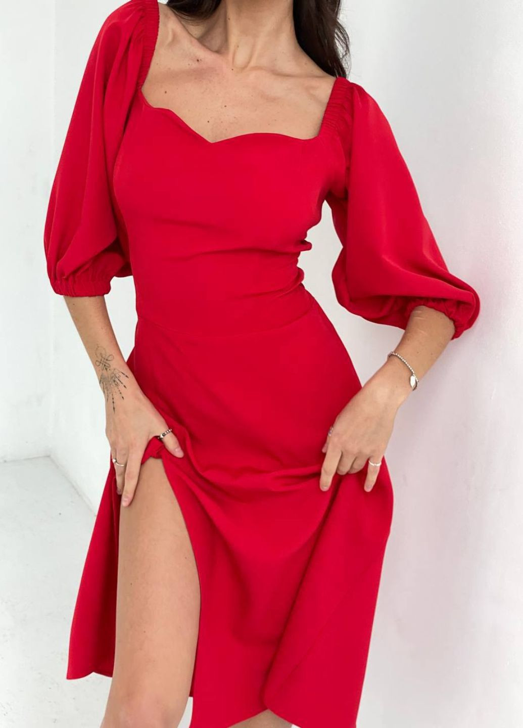 Червона повсякденний, святковий сукня міді з рукавом ліхтарик 3/4 Україна