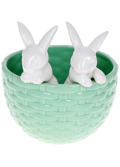 Декоративное кашпо "Кролики в корзине" 14х13.5х15см, керамика, мятный с белым Bona (372172920)