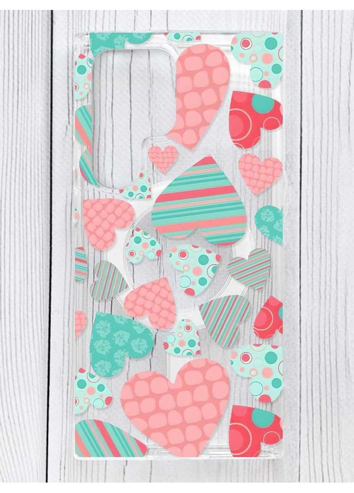 Магнитный чехол на Samsung Galaxy S24 Ultra с поддержкой MagSafe Разноцветные сердечка (принт 334) Silicone Case (356123336)