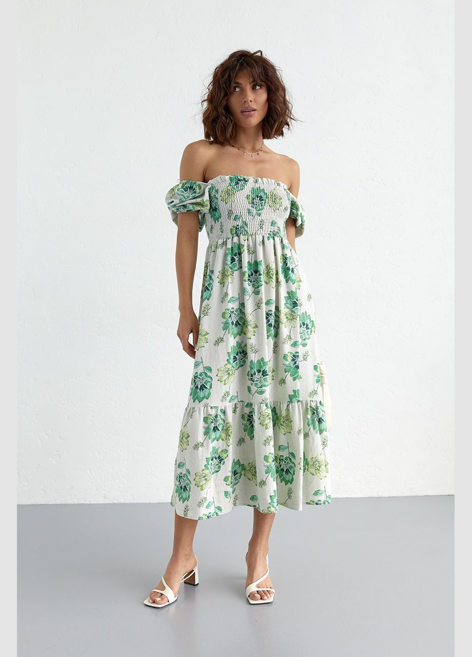 Зеленое повседневный летнее платье в цветочный узор с открытыми плечами 6336 Lurex с цветочным принтом