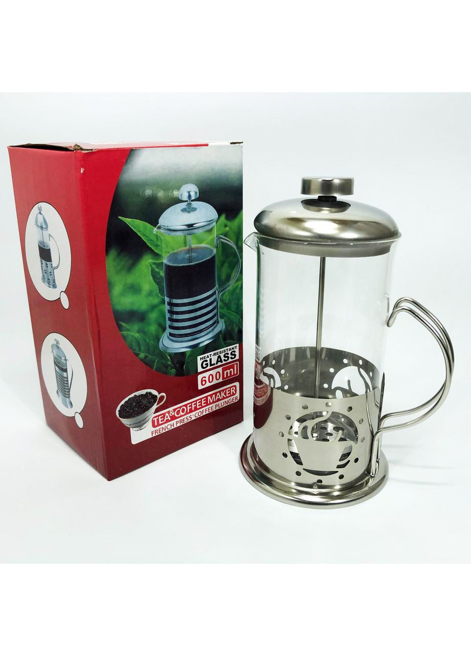 Френч-прес заварник металевий корпус UN-1152 600 мл, Скляний чайник для заварювання чаю Unique (365813056)