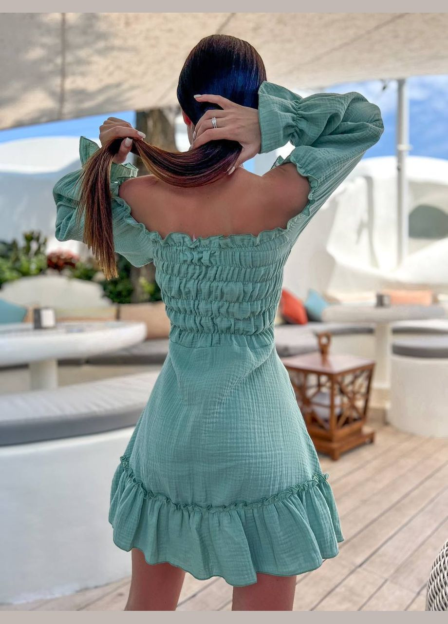 Оливковое летнее лёгкое муслиновое платье с длинным рукавом и открытым декольте, короткое однотонне оливковое платье на лето(100% хлопок) No Brand