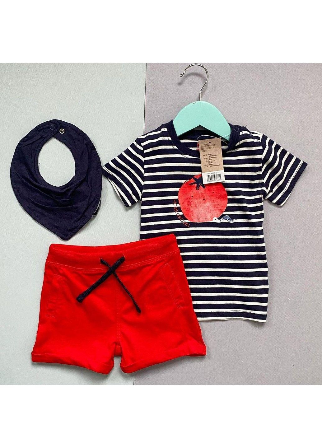Синій костюм комплект трійка футболка, шорти, слинявчик дитячий на хлопчика, синій, червоний Lupilu