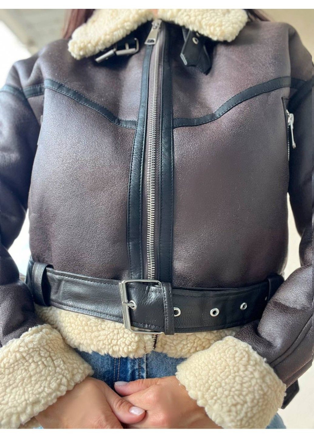 Дубленка женская 265 короткая ремень молния с мехом экокожа AFTF BASIC (304773600)