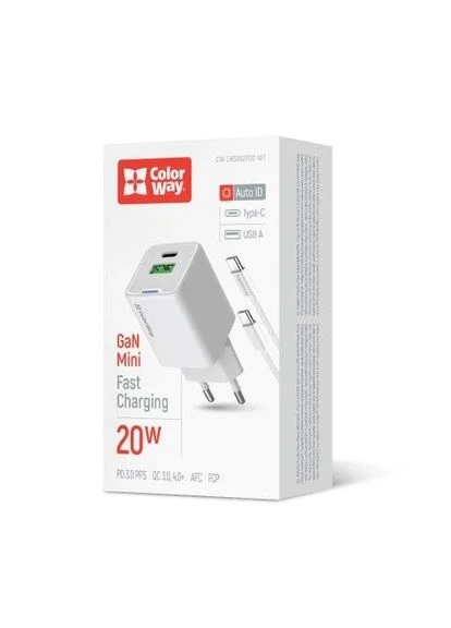 Мережевий зарядний пристрій,, 20 Вт, GaN, 1xType-C (20 Вт, PD3.0) / 1xUSB (20 Вт, QC4.0), Auto ID, кабель Type-C - Type-C 1 м Colorway (395343616)