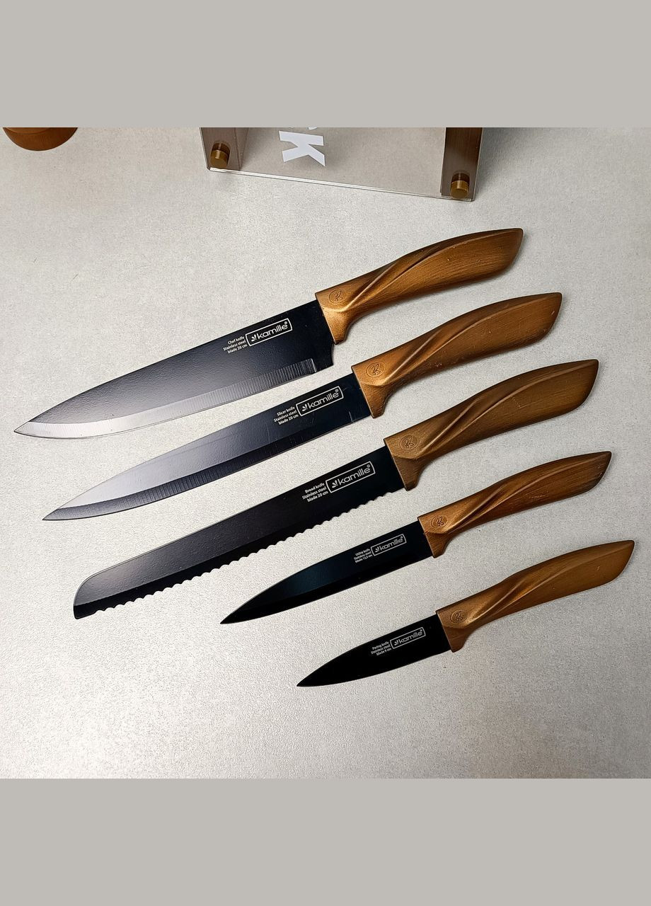 Набор кухонных ножей 6 предметов из нержавеющей стали на подставке Kamille (303210626)