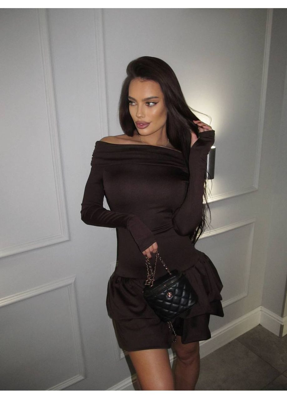 Коричнева святковий, кежуал жіноча сукня з воланами а-силует Style Point однотонна