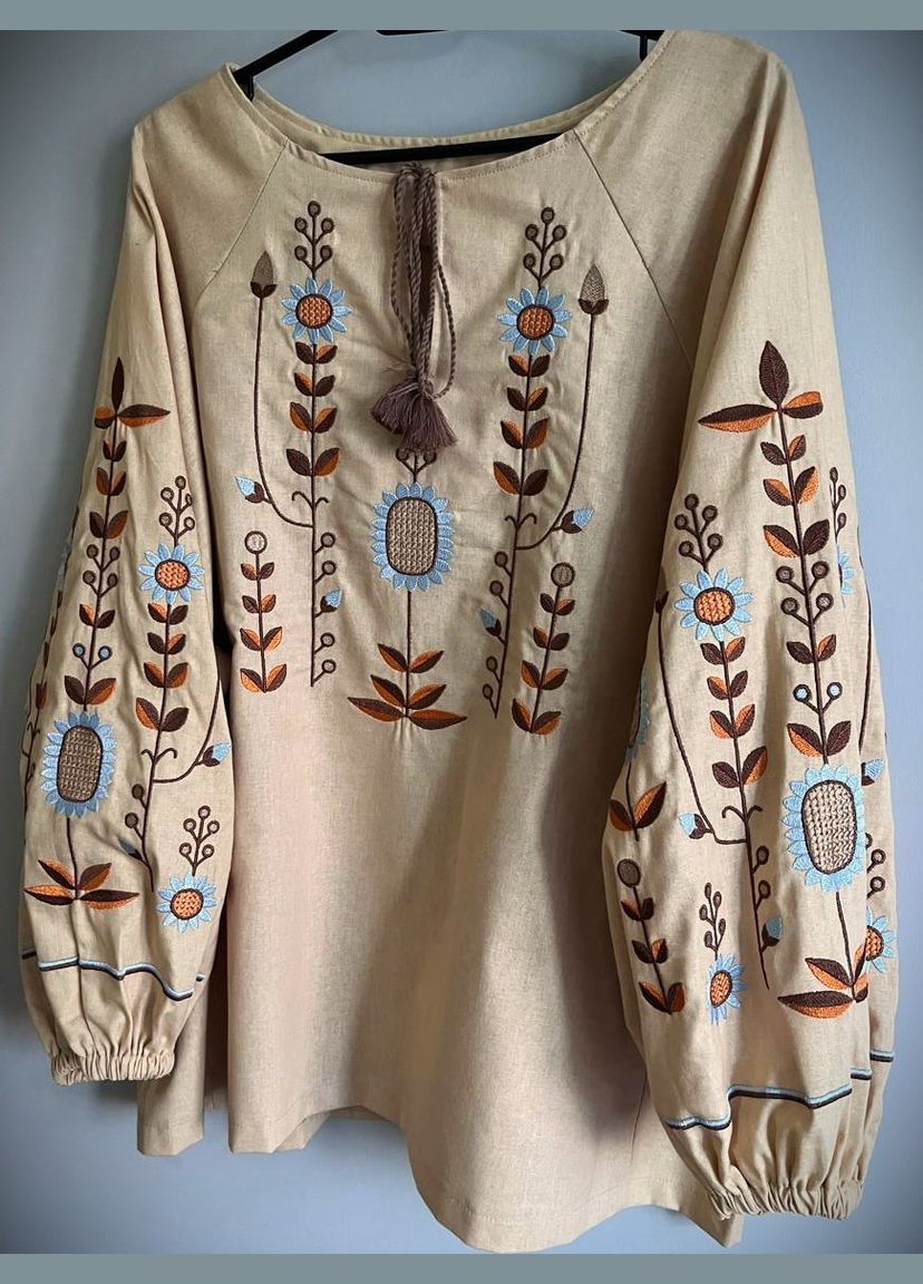 Бежевая женская льняная вышиванка этно рубашка украинская с вышивкой узор цветочный приталенная, свободная, прямой лен (333616097)
