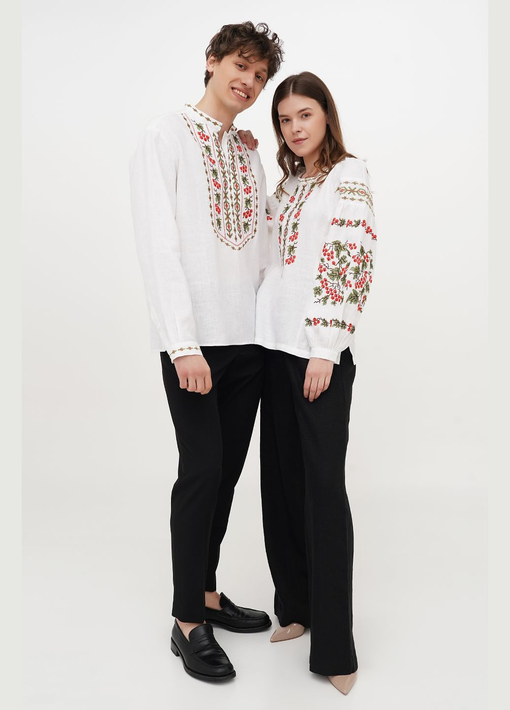 Белая льняная женская вышиванка с широким рукавом-регланом и калиной дзвинка, парные вышиванки. белый, р.54, код 9460/54/101 ГАЛЕРЕЯ ЛЬОНУ