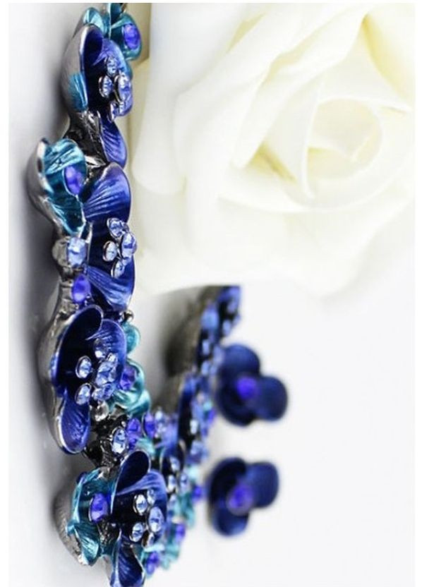 Синій набір біжутерії - кольє та сережки в стразах Квіти, 4852 Fashion Jewelry (360608170)