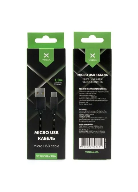 Дата кабель (VCPDCMBN31BK) Vinga USB 2.0 AM to Micro 5P 2color nylon 1m black (268146034)