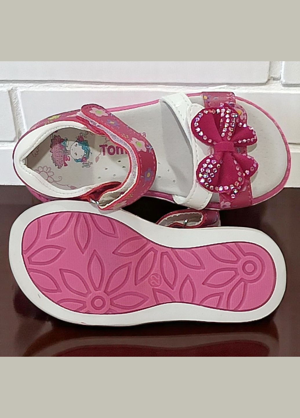 Малиновые ортопедические босоножки открытые сандалии на липучках для девочки том м Tom.M со стразами, с бахромой, с цветами
