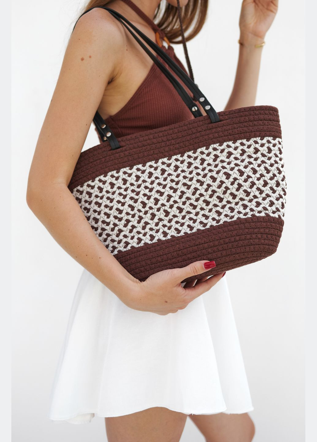 Літня плетена сумка шопер ручної роботи SUMMER VIBES чорно-біла No Brand (342323961)