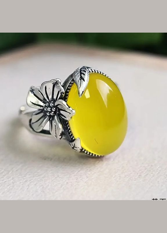 Серебристое кольцо с желтым камнем в виде цветка слива регулируемое Liresmina Jewelry (333650713)