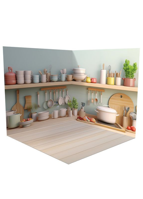 Вініловий фотофон 3D, кухня з посудом і полицями, підлога світле дерево і біле дерево, 60×60 см, №58325 PhotoVinyl (354371226)