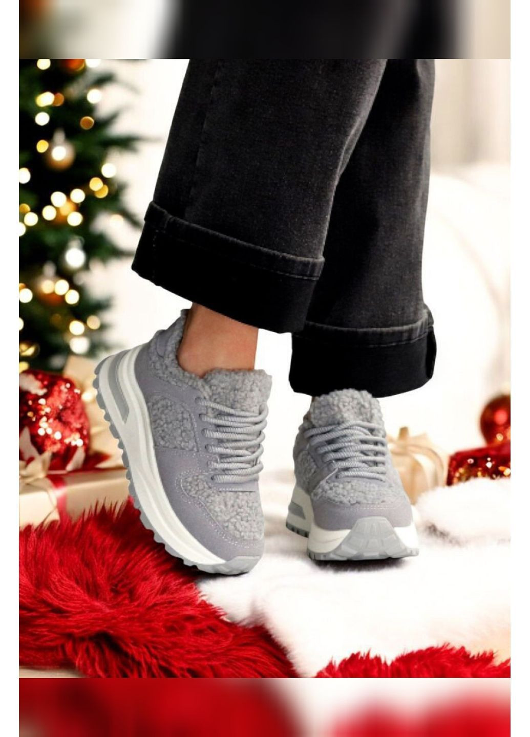 Женские серые кроссовки зимние с мехом тедди тёплые на шнуровке с белой подошвой Viki кросівки серые зима (369339864)