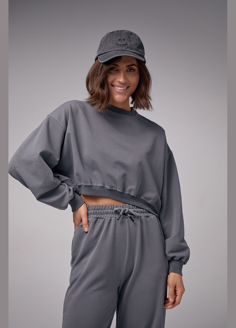 Жіночий спортивний костюм з укороченим світшотом та джоггерами - темно-сірий Lurex (282957661)