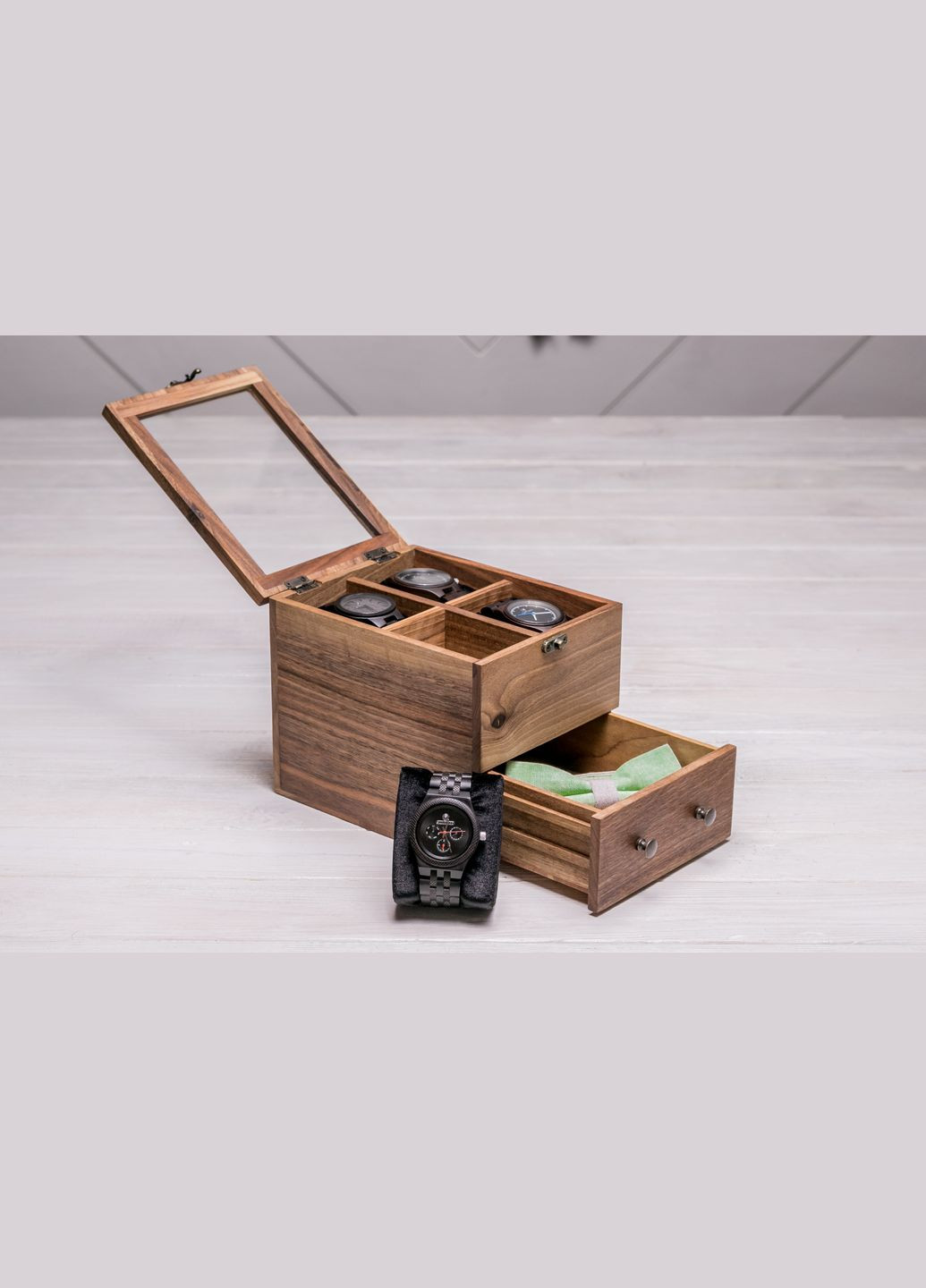 Коробочка для годинників зі скляною кришкою з ящиком 4 EcoWalnut (295266104)