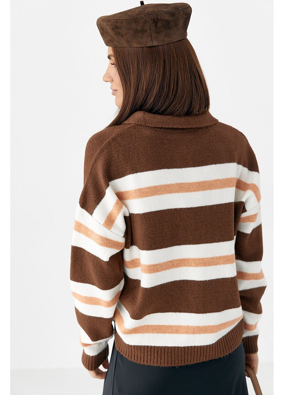 Коричневий демісезонний в'язаний светр-поло у смужку No Brand
