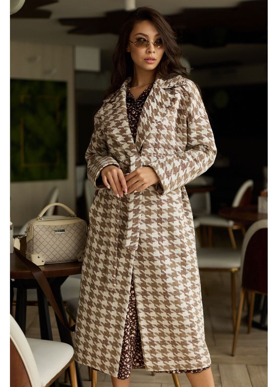 Комбіноване демісезонне Пальто гусяча лапка. Коричневий з бежевим Seventeen