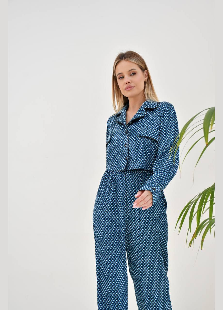 Жіночий костюм з кроп-топом та широкими штанами зі штучного шовку MonCher (334676409)