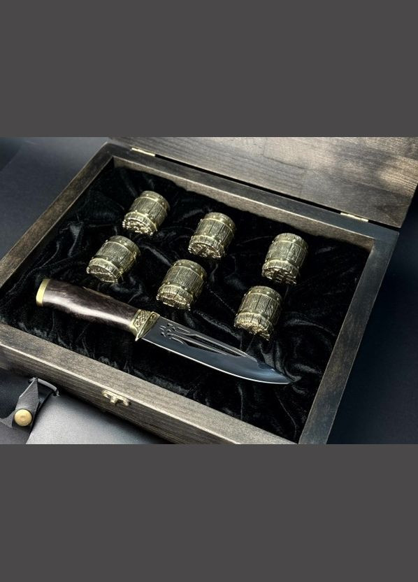 Набір бронзових стопок Люкс Бочка 6 шт. з ножем 30 мл 48440023 в дерев'яному кейсі з бука NB Art (346152163)