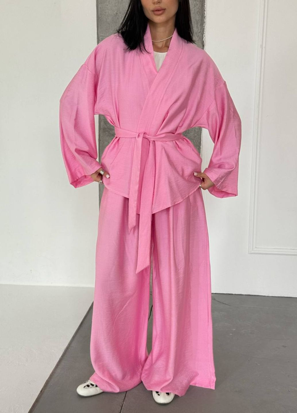 Изысканный легкий летний свободный повседневный костюм двойка: кимоно с поясом + штаны Tik-Tak (348830740)