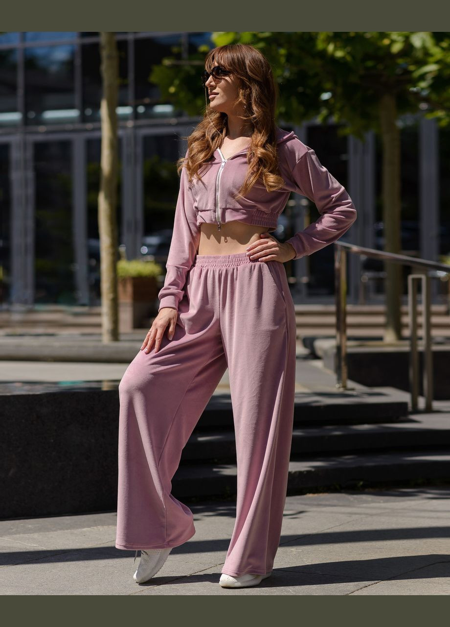 Жіночий костюм з велюру кофта на змійці з капюшоном та штани-палаццо Бузковий Maybel (294057691)