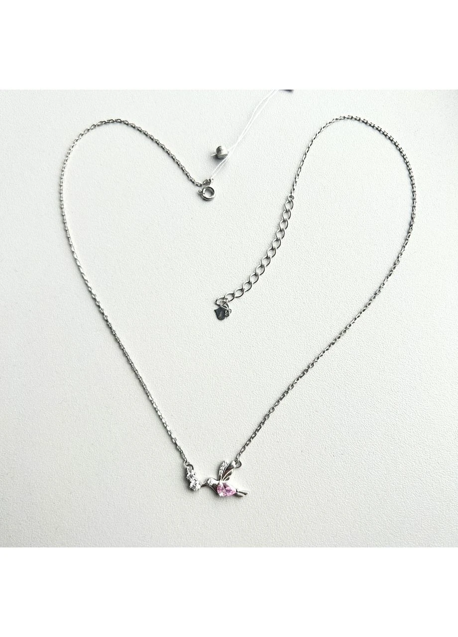 Серебряная якорная цепочка с подвеской Колибри розовая, женское тонкое колье родированное лье родированное 925 Poli (394584323)