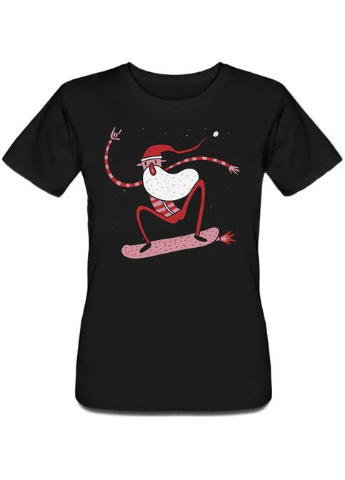 Чорна літня жіноча новорічна футболка "fly skating santa" (чорна) Fat Cat