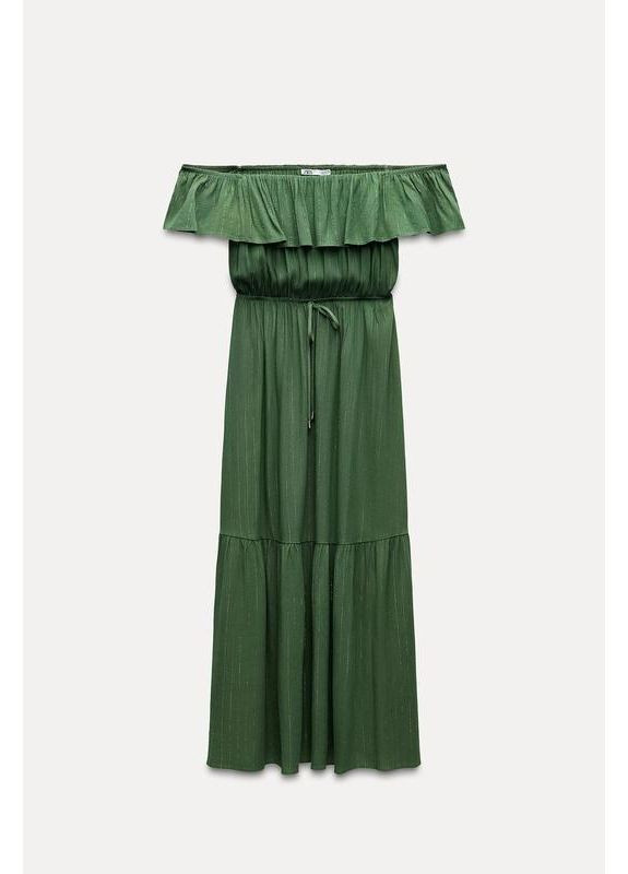Зеленое металлизированное платье с открытыми плечами Zara