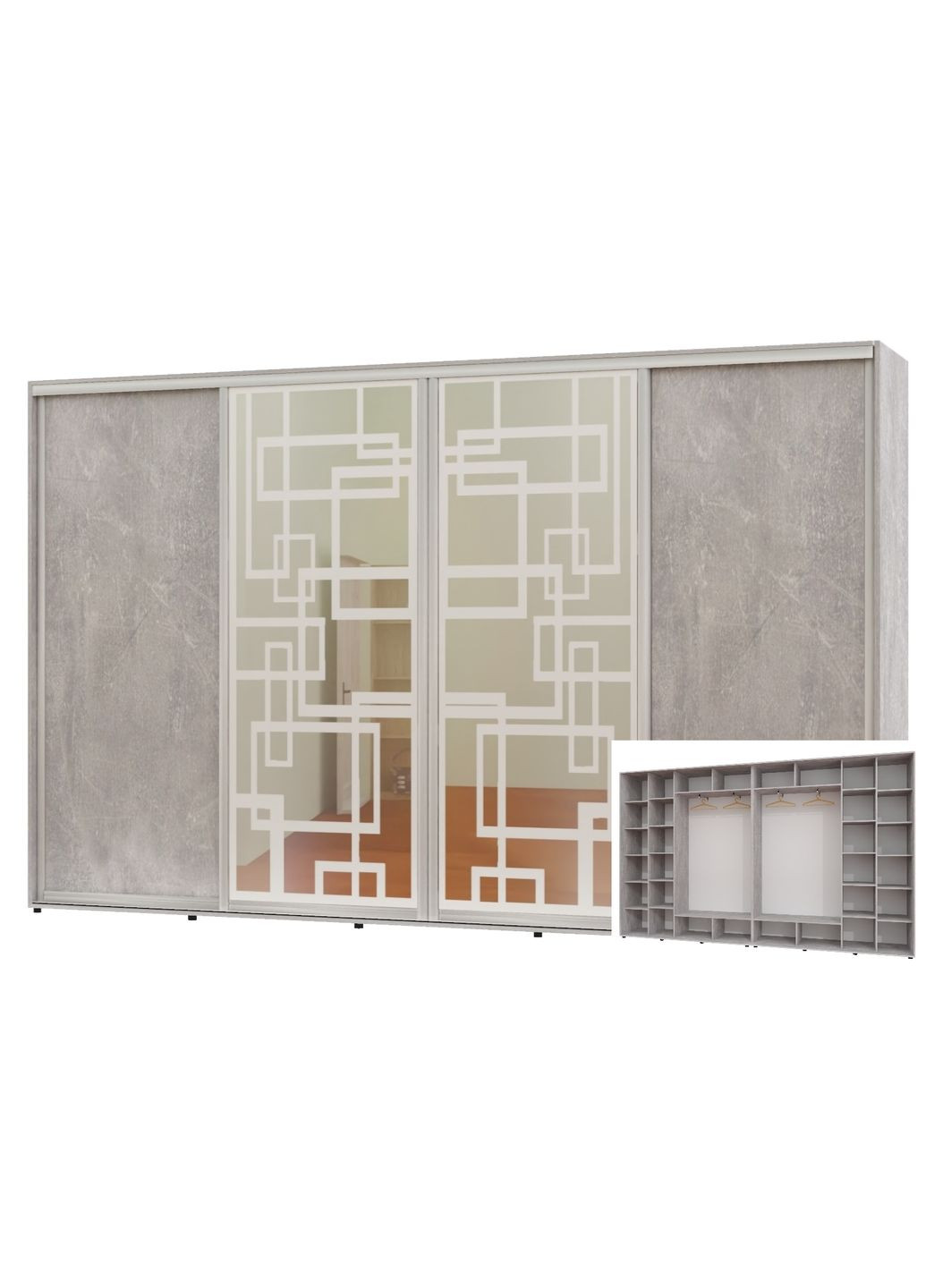 Шкаф-купе четырехдверный 390*45*240 Индастриал 2 ДСП/2 Зеркала с пескоструйным рисунком Алекса (360479390)