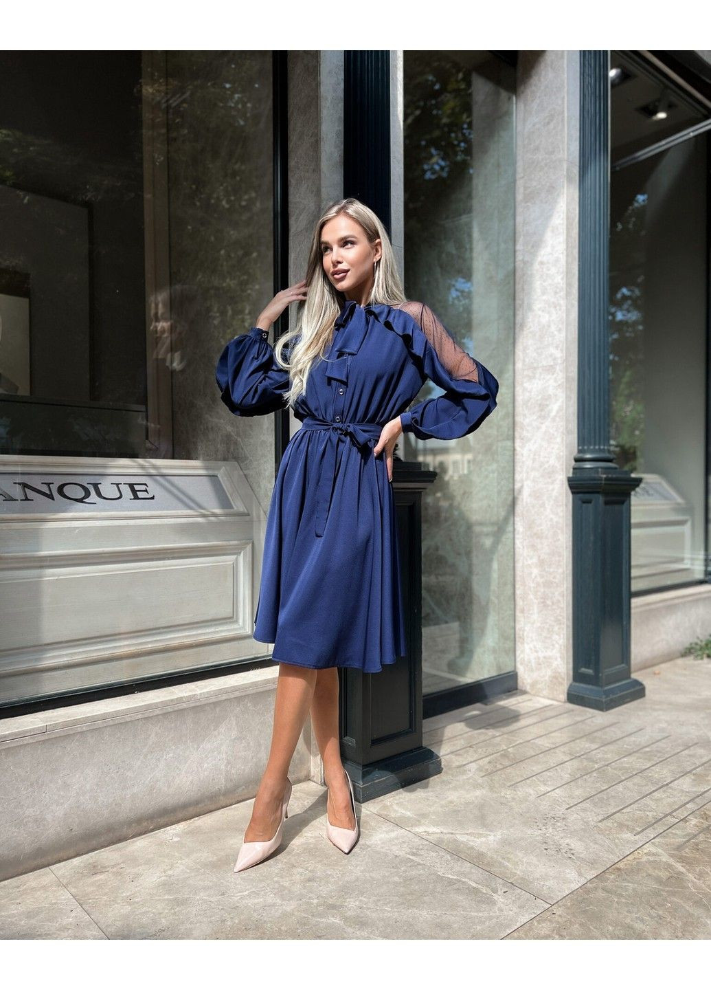 Темно-синее коктейльное платье атлас шелк 22075 синее Tanita-Romario