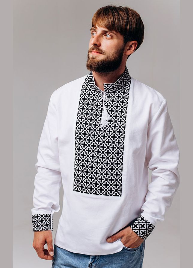 Белая мужская вышиванка vishivano4ka 7903 узор геометрический прямой домотканное полотно (330598470)