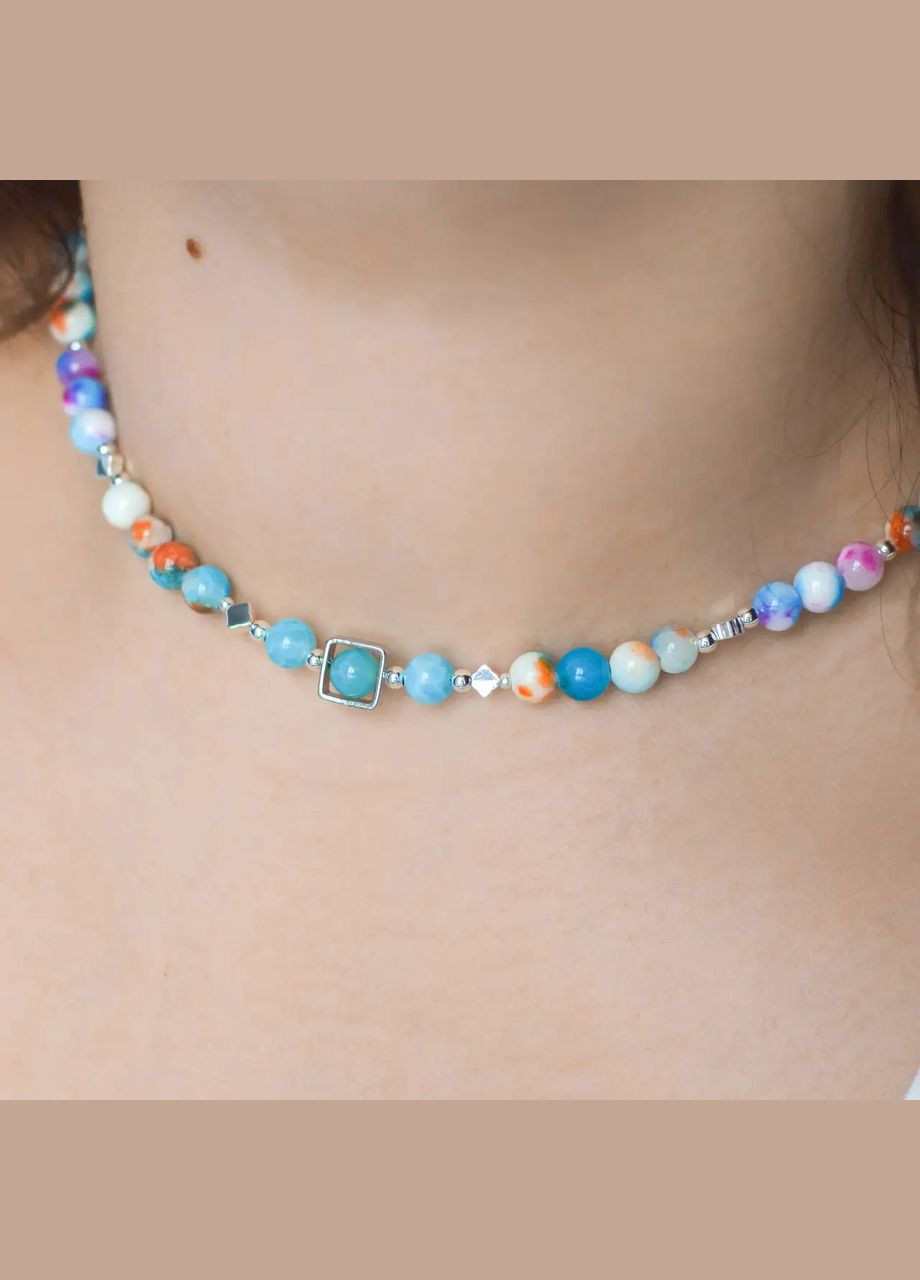 Чокер натуральный Халцедон голубой, Гематит клевер, Акрил и Бисер, гип-ный сплав цвет серебро d-6мм L-39-44см No Brand гематит, халцедон латунь, бисер, натуральный камень, медицинский сплав серебро (324836264)