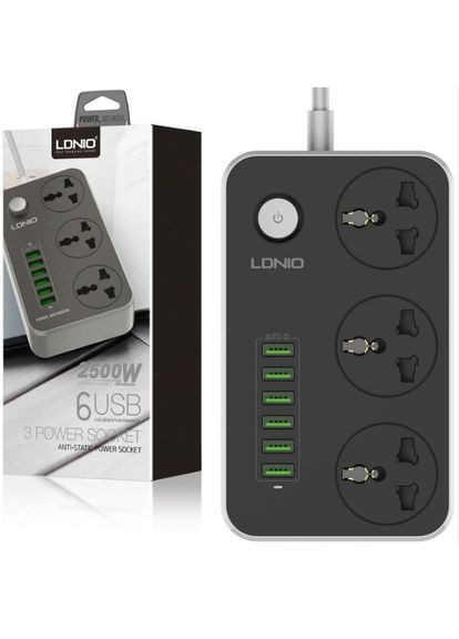 Сетевой фильтр SC3604 удлинитель 2 м 3 розетки 6 USB с защитой Серо - черный Ldnio (297331532)