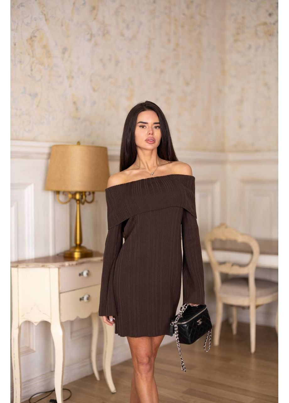 Коричнева повсякденний жіноча в'язана сукня з відкритими плечима з відкритими плечима KaraMix однотонна