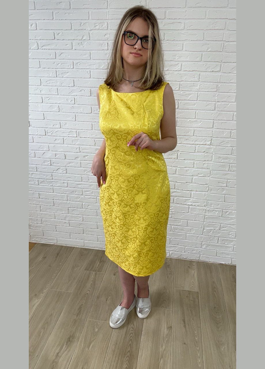 Жовтий повсякденний, кежуал жовте жакардове літнє жіноче плаття-футляр міді з візерунком з квітковим принтом сукня-майка, футляр No Brand з квітковим принтом