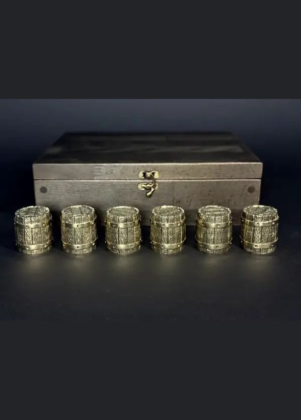 Бронзові чарки-стопки "Перевертні Бочка" (6 шт) у дерев'яному кейсі з бука | Подарунок керівнику на будь-яке свято Handmade 48440024 (345646839)