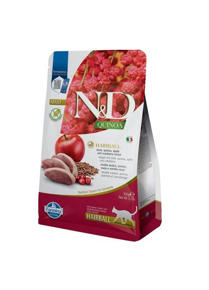 Сухой беззерновой корм N&D Quinoa Hairball ADULT для выведения комков шерсти c уткой, киноа, яблоко и клюква, 300 г Farmina (339767558)
