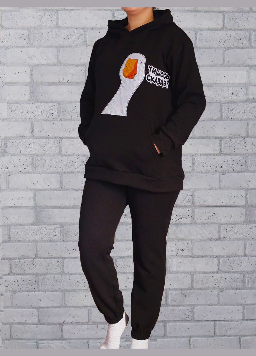 Комбінований демісезонний худі жіночий щільний з капюшоном накат гусак (чорний), кукурудза трикотаж No Brand