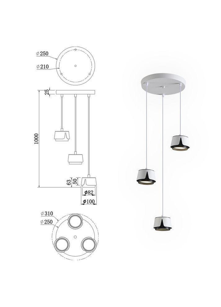 Светильник подвесной TELA R 100x1000 мм Бело-черный на 3 лампы GX53 ESLLSE (354298750)