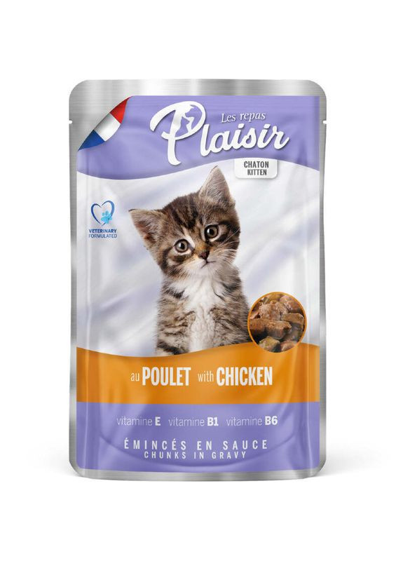 Повнораціонний вологий корм з куркою для кошенят (шматочки в соусі) Kitten Chicken Chunks In Gravy 100 г (3428460048597) Plaisir (327391417)