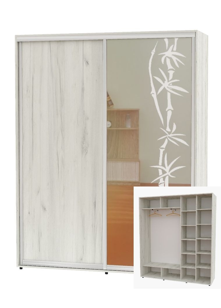 Шкаф-купе двухдверный 200*45*220 Дуб крафт белый ДСП/Зеркало с пескоструйным рисунком Алекса (360462948)