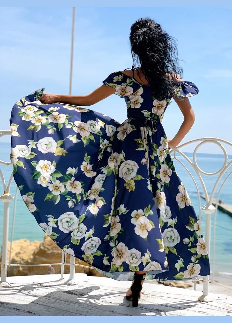 Синее пляжное сарафан на запах, а-силуэт Veles с цветочным принтом
