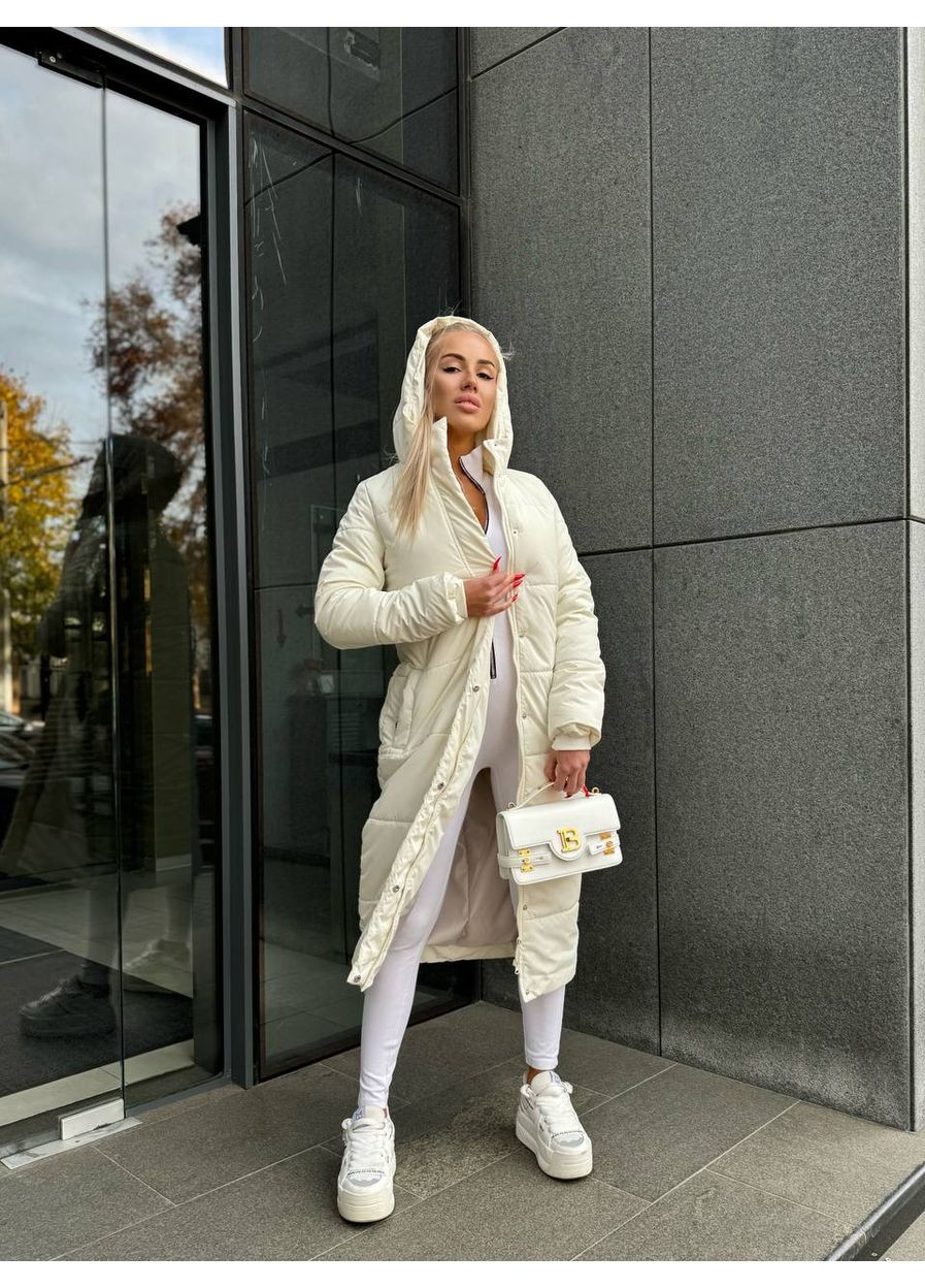 Молочна зимня довгий жіночий пуховик із поясом — заміри в описі куртка-пальто DK/DL Мода без кордонів