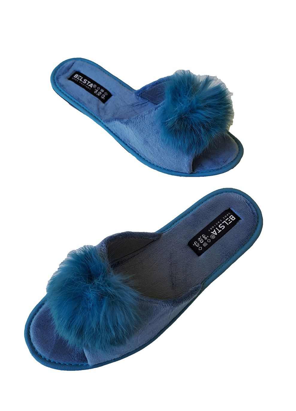 Зеленые тапочки женские с пушком открытые Белста с помпонами