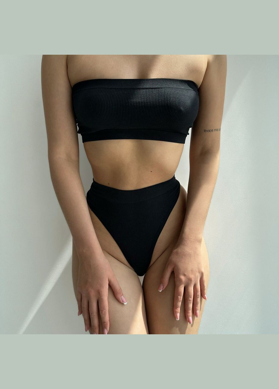 Чорний базовий комплект жіночої нижньої білизни в рубчик комплект білизни трусики топ No Brand